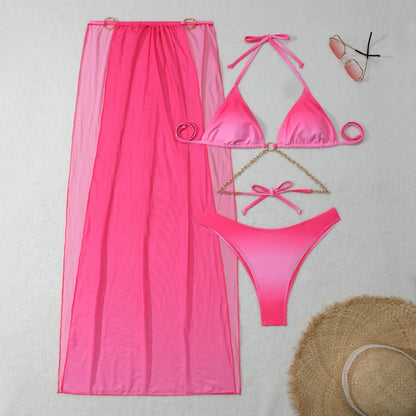 Women Sexy Blue Gradient Three-piece Cover Up Swimsuit Bikini Set