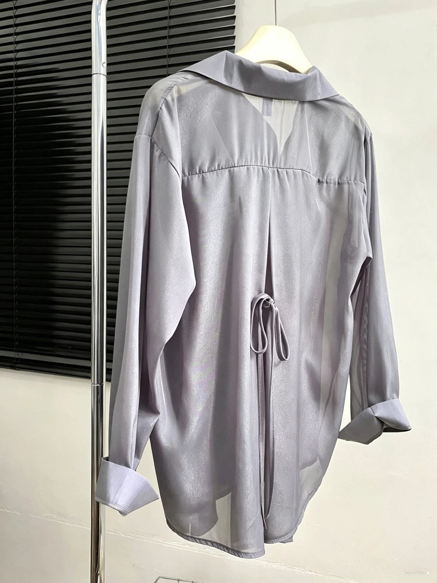 Tie Back Button Down Shirt Women Semi Sheer Chiffon Long Sleeve Collared Oversized Blouse Spring Summer Cover Up Casual Outfit