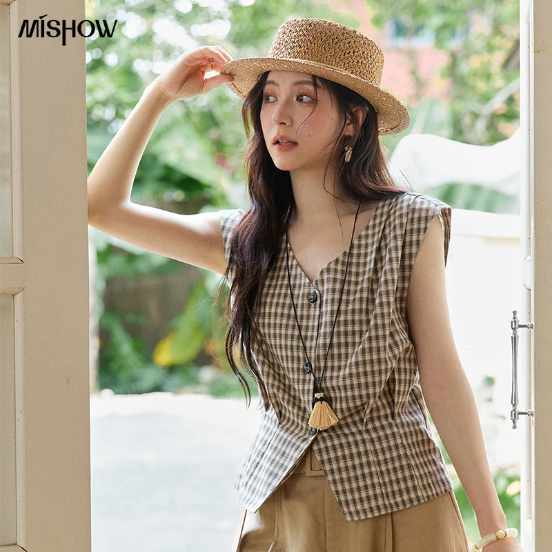 MISHOW Sleeveless Retro Checkered Design Shirt For Women 2026 Summer V-Neck Breathable Slimming Casual Fashion Shirt MXE37X1921