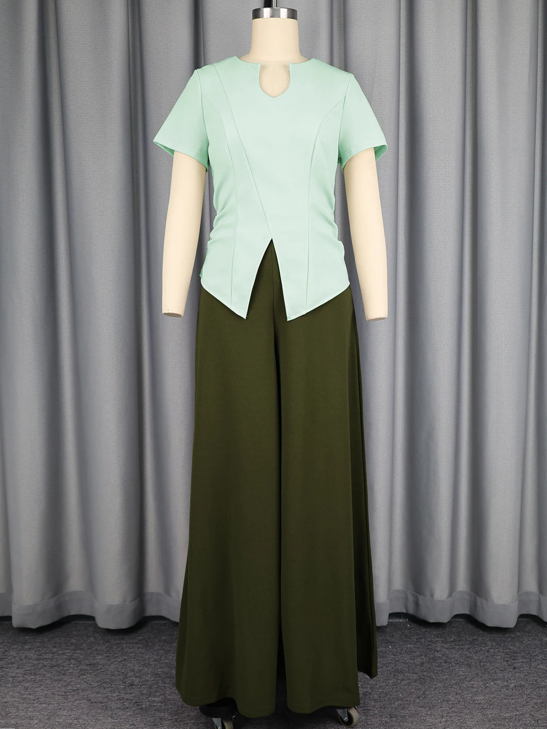 Casual Two Piece Set Women V Neck Short Sleeve Chic Tops High Waist Wide Leg Pants Suit Simple Elegant Fashion Daily Outfits