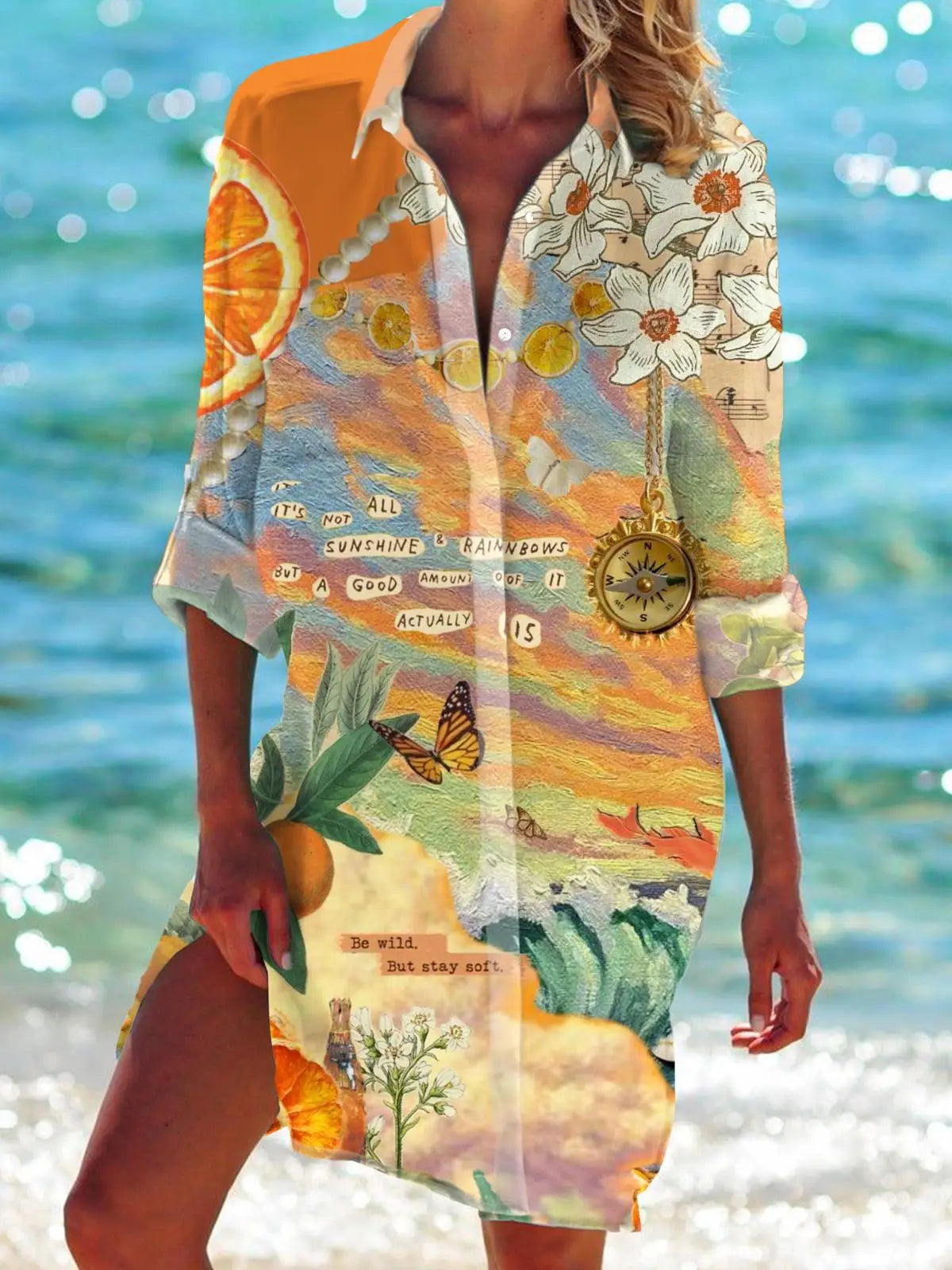 Floral Flower 3D Print Hawaii Beach Blouses Women Long Sleeve Mid-length Shirts Buttons Blusas Pocket Tops Blouse Woman Clothing