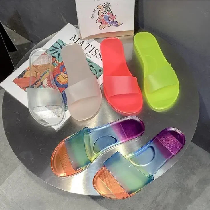 2025 Summer Women New Plus Size Bottom Beach Shoes Ladies One-word Sandals Casual Transparent Jelly Color Flat Slipper