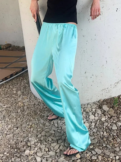 Solid Satin Long Sleeve Casual 2 Piece Set Women Stand Collar Zip Crop Coat Elastic Waist Pants Autumn New Street Matching Suit