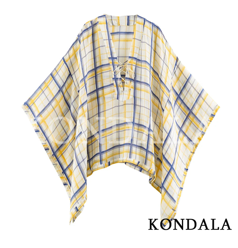 KONDALA Women Casual Plaid Loose Shirts Summer Beach Holiday Cloak Style Shirt 2026 Trendy Female Elegant Lace-up Collar Shirts