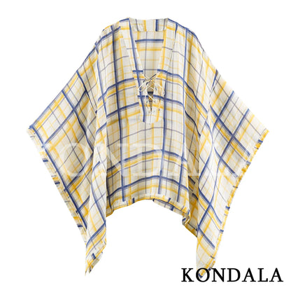 KONDALA Women Casual Plaid Loose Shirts Summer Beach Holiday Cloak Style Shirt 2026 Trendy Female Elegant Lace-up Collar Shirts